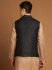 Classic Nehru Jacket in Ghicha silk with wooden buttons in Black