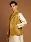 Classic Nehru Jacket in Ghicha silk with wooden buttons in Yellow