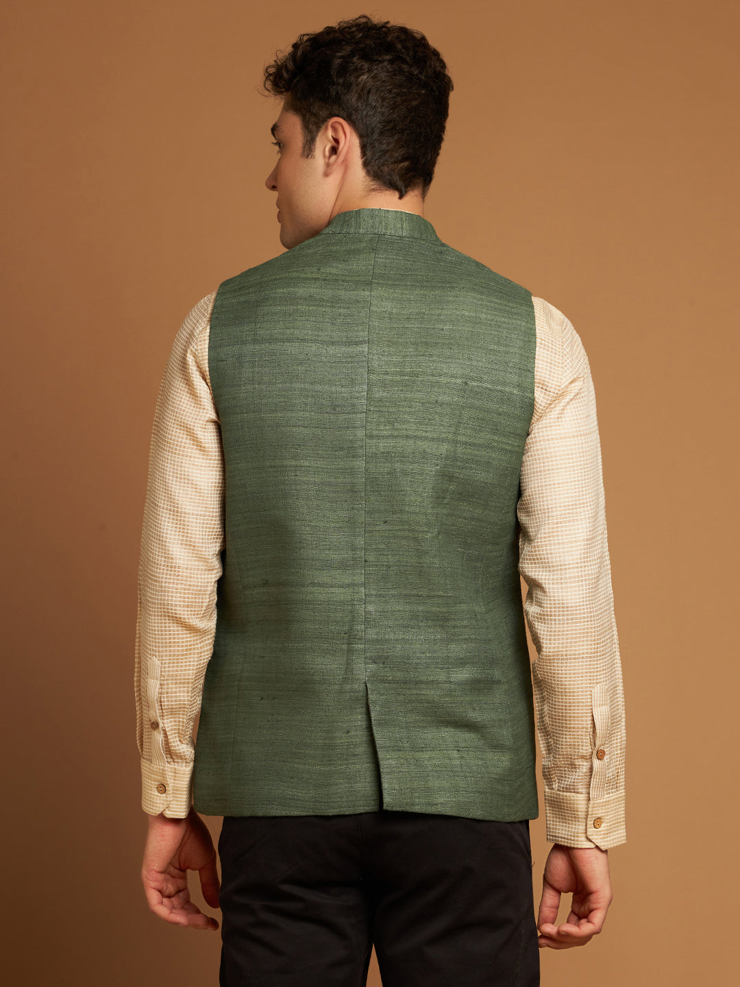 Green Ghicha Nehru Jacket with Textured Weave