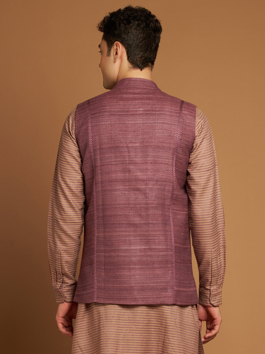 Wine Ghicha Nehru Jacket with Tribal Cut-Sew Panels