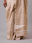 Handwoven Natural Kosa Silk Saree with White Stripes in Pleats