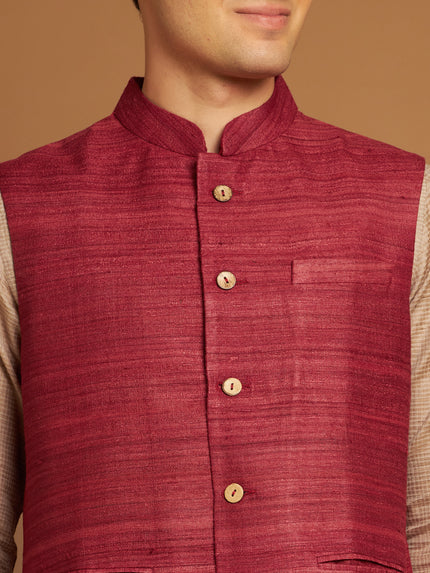 Classic Nehru Jacket in Ghicha silk with wooden buttons in Burgundy