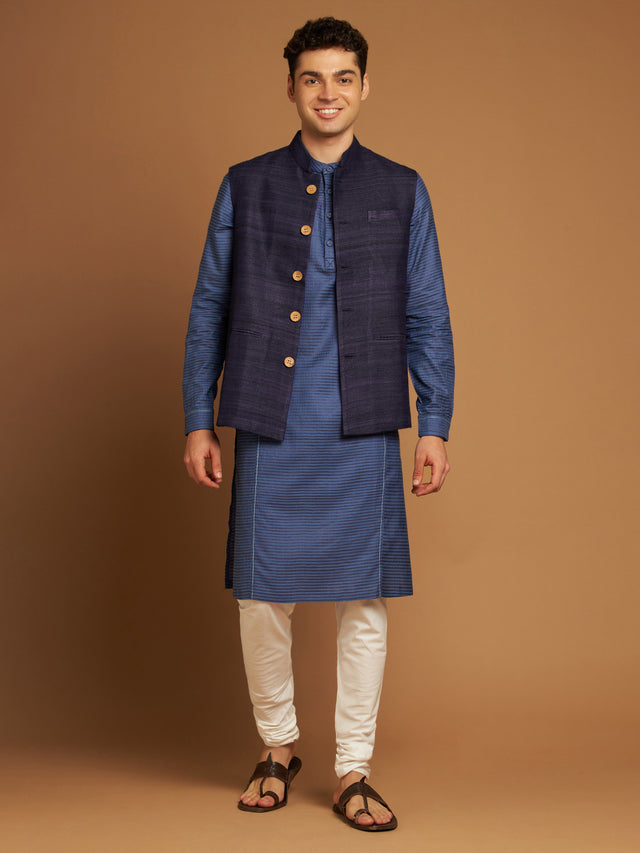 Classic Nehru Jacket in Ghicha silk with wooden buttons in Blue