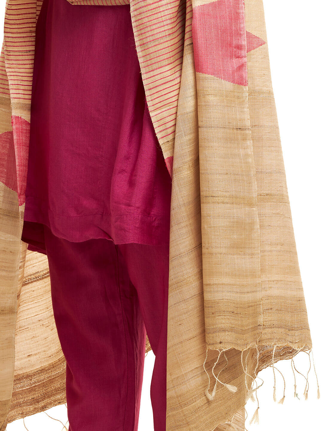 Handwoven Natural Kosa Silk Dupatta with Stripes and Temple in Pink