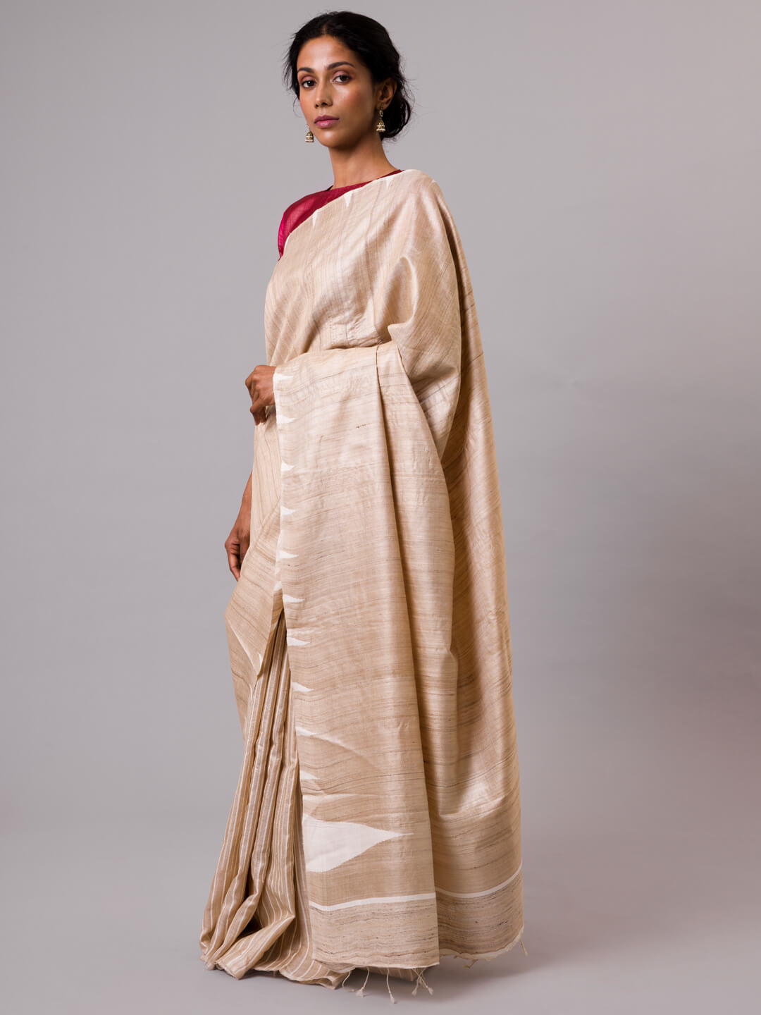 Handwoven Natural Kosa Silk Saree with White Stripes in Pleats