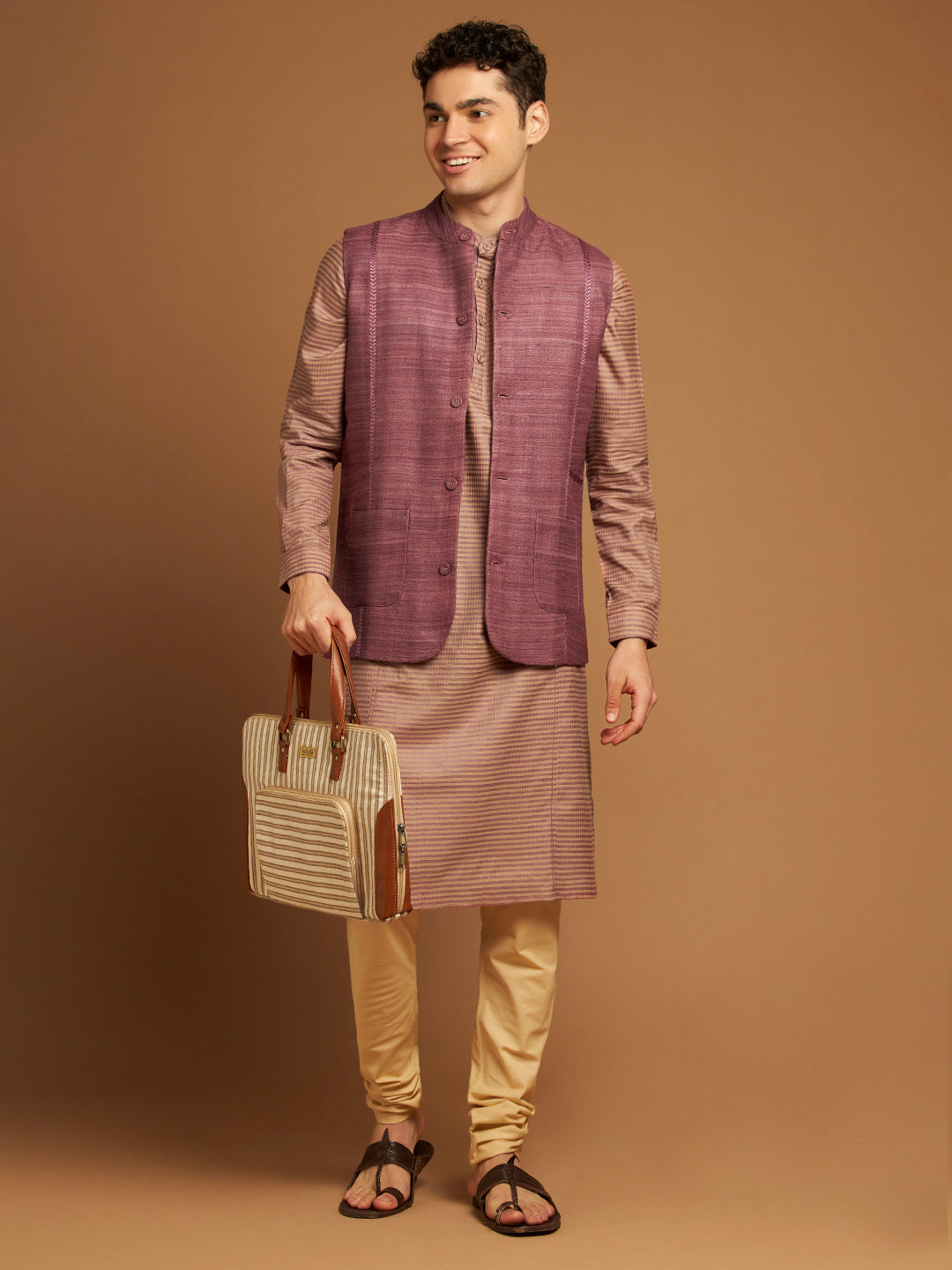 Wine Ghicha Nehru Jacket with Tribal Cut-Sew Panels