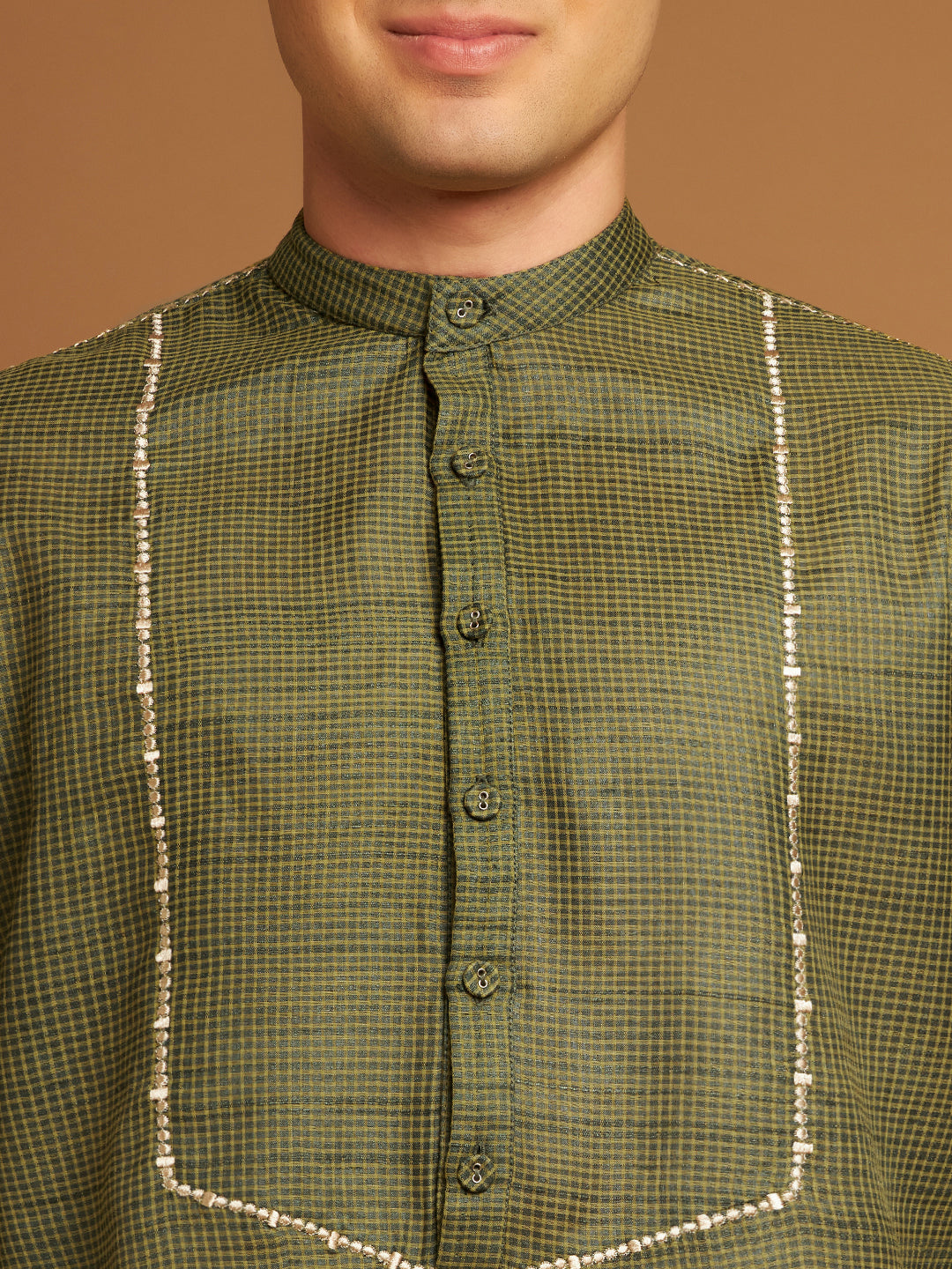 Green Kosa Relaxed Fit Kurta with Tribal Yoke Embroidery