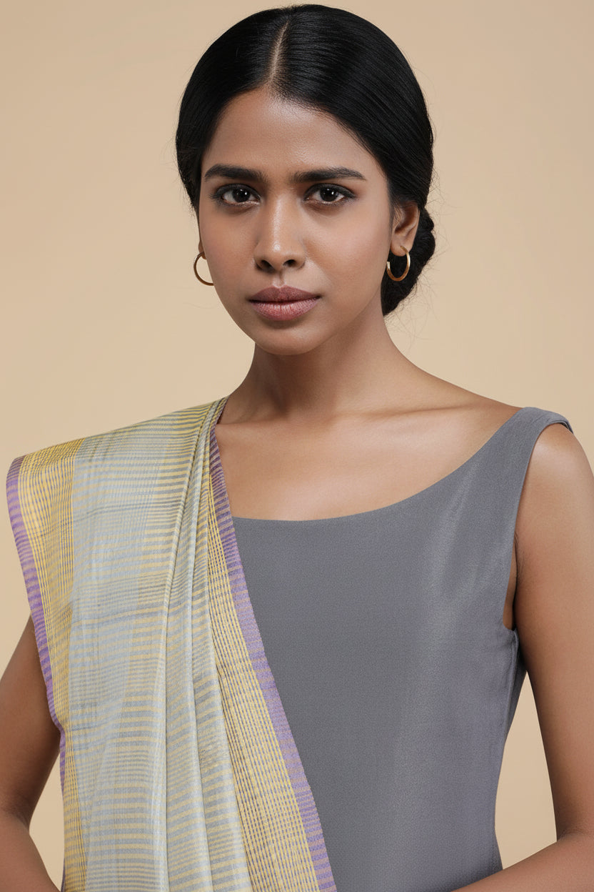 Woman wearing a gray top and colorful Dupatta against a beige background