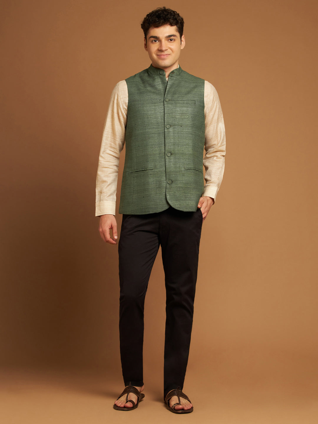 Green Ghicha Nehru Jacket with Textured Weave