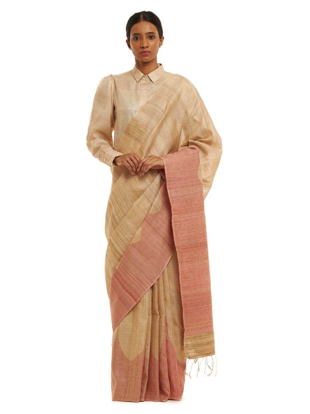 Handwoven Natural Kosa Silk Saree with Contemporary Red Stripes