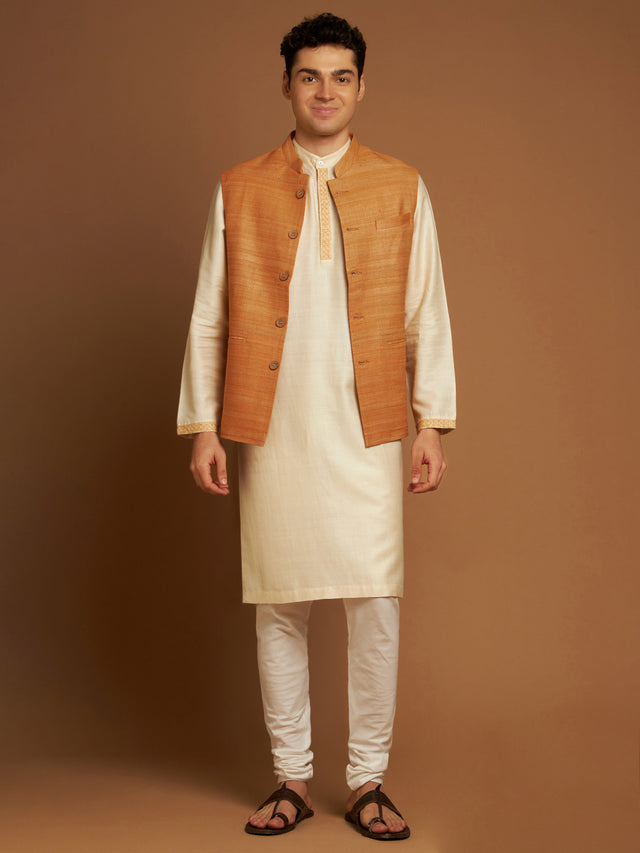 Classic Nehru Jacket in Ghicha silk with wooden buttons in Orange