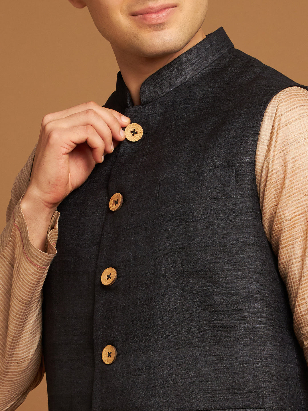 Classic Nehru Jacket in Ghicha silk with wooden buttons in Black