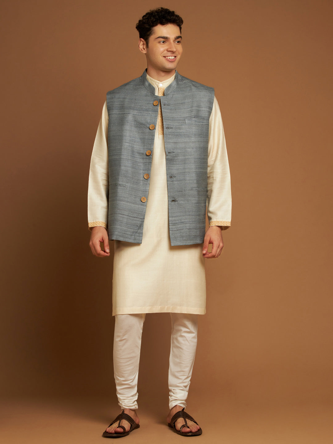 Classic Nehru Jacket in Ghicha silk with wooden buttons in Grey