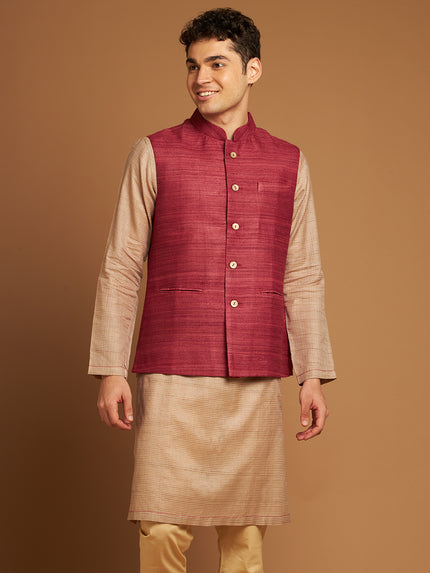 Classic Nehru Jacket in Ghicha silk with wooden buttons in Burgundy