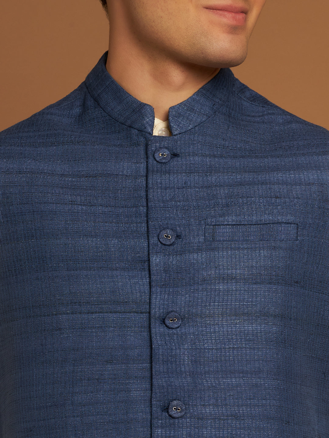 Classic Nehru Jacket in Ghicha silk with wooden buttons in Indigo