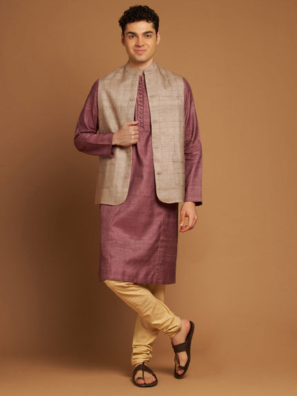 Classic Nehru Jacket in Kosa silk with wooden buttons in Beige