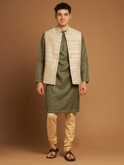 Classic Nehru Jacket in Ghicha silk with wooden buttons in Beige