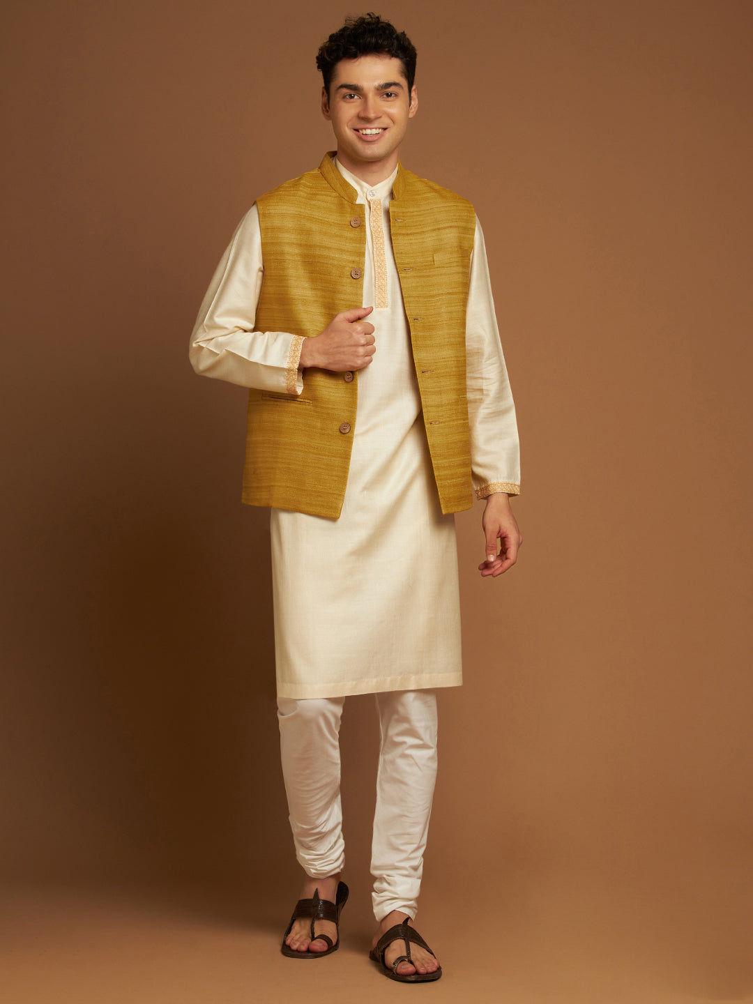 Classic Nehru Jacket in Ghicha silk with wooden buttons in Yellow