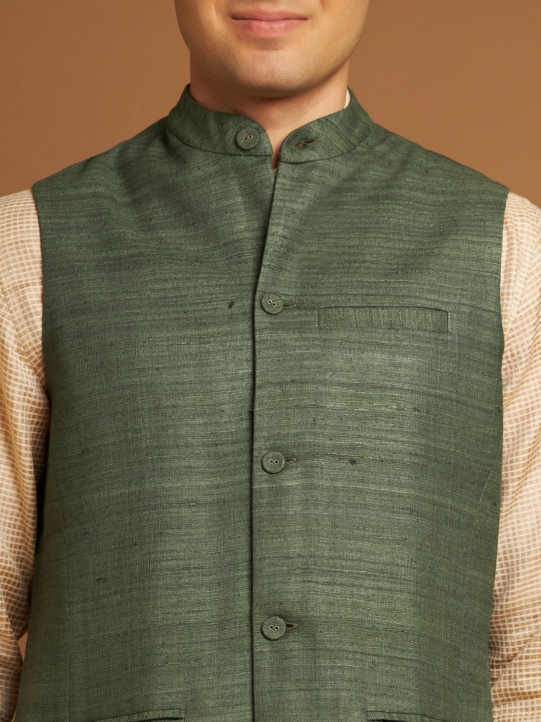 Green Ghicha Nehru Jacket with Textured Weave