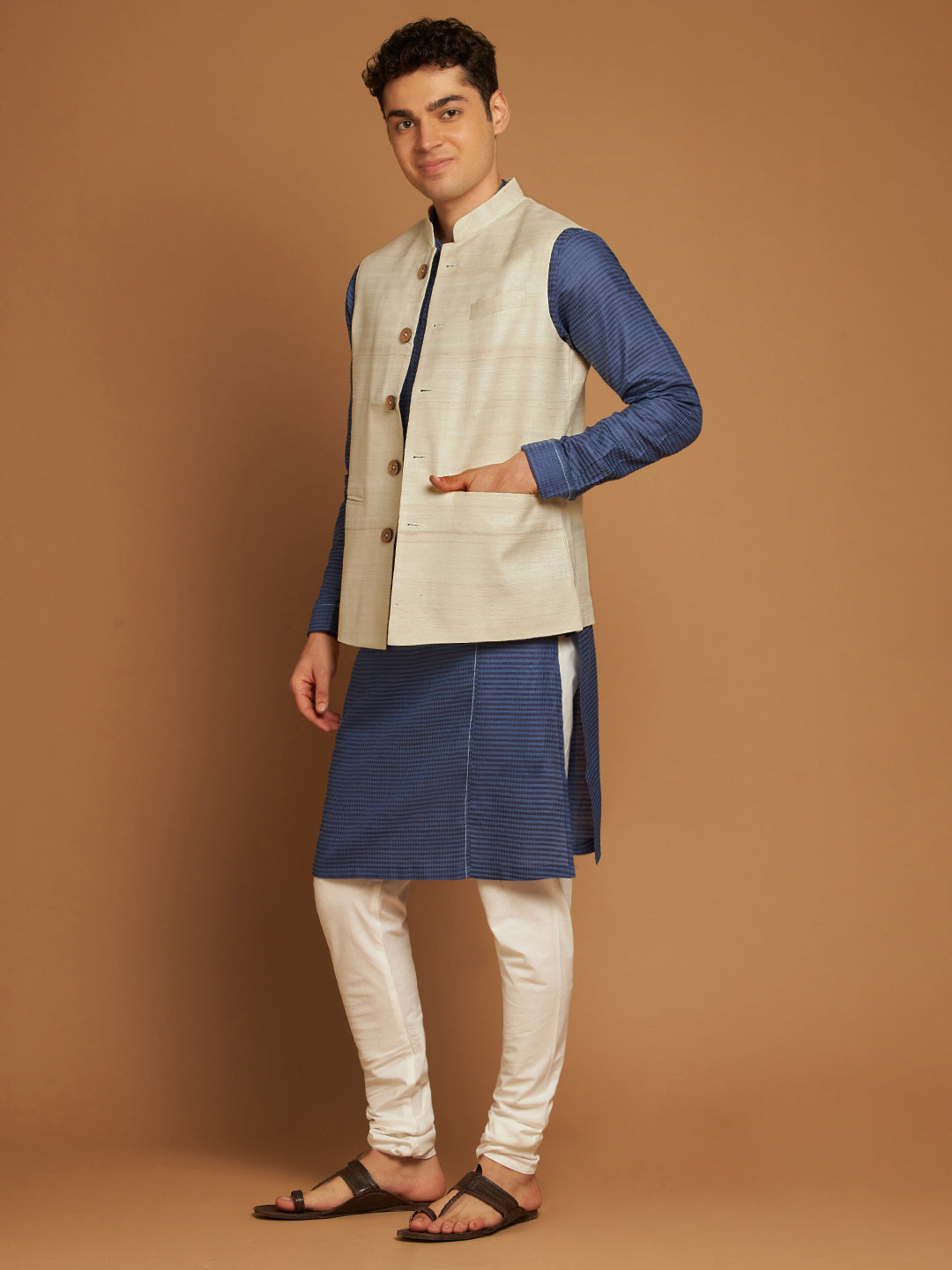 Classic Nehru Jacket in Ghicha silk with wooden buttons in Natural colour