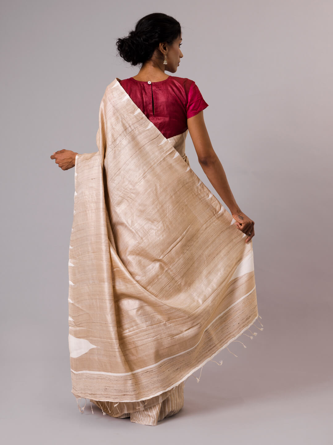 Handwoven Natural Kosa Silk Saree with White Stripes in Pleats