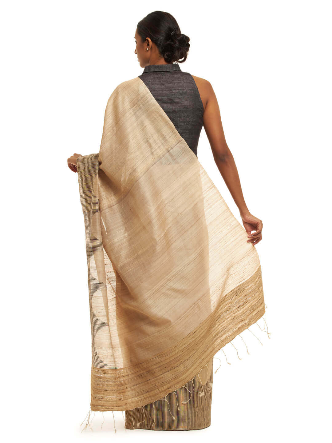 Handwoven Natural Kosa Silk Saree with Contemporary Black Stripes