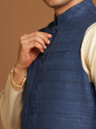 Classic Nehru Jacket in Ghicha silk with wooden buttons in Indigo