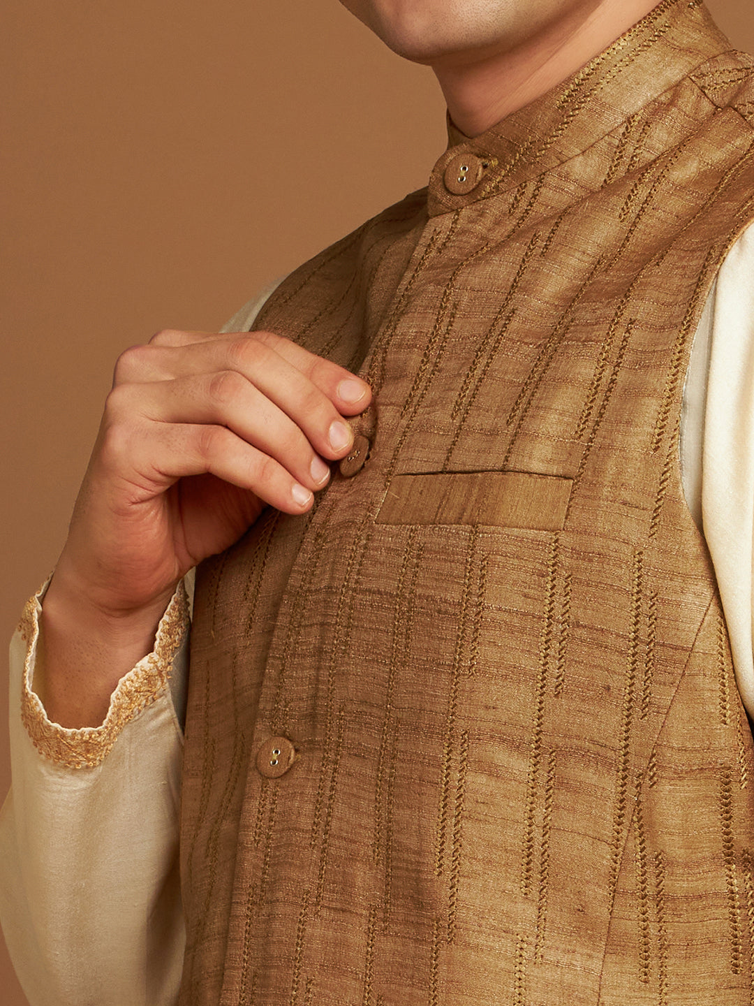 Ochre Kosa Nehru Jacket with Tribal Motif Embroidery