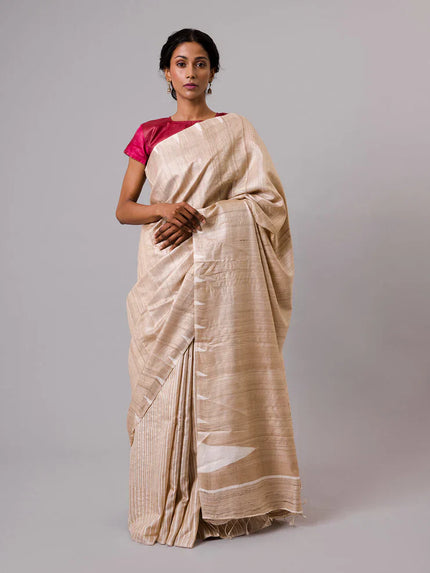 Handwoven Natural Kosa Silk Saree with White Stripes in Pleats