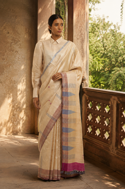 Natural Undyed Kosa Silk Saree with Magenta and Grey Temple Border