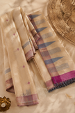 Natural Undyed Kosa Silk Saree with Magenta and Grey Temple Border