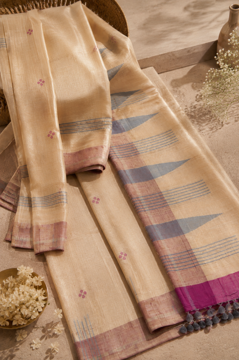 Natural Undyed Kosa Silk Saree with Magenta and Grey Temple Border